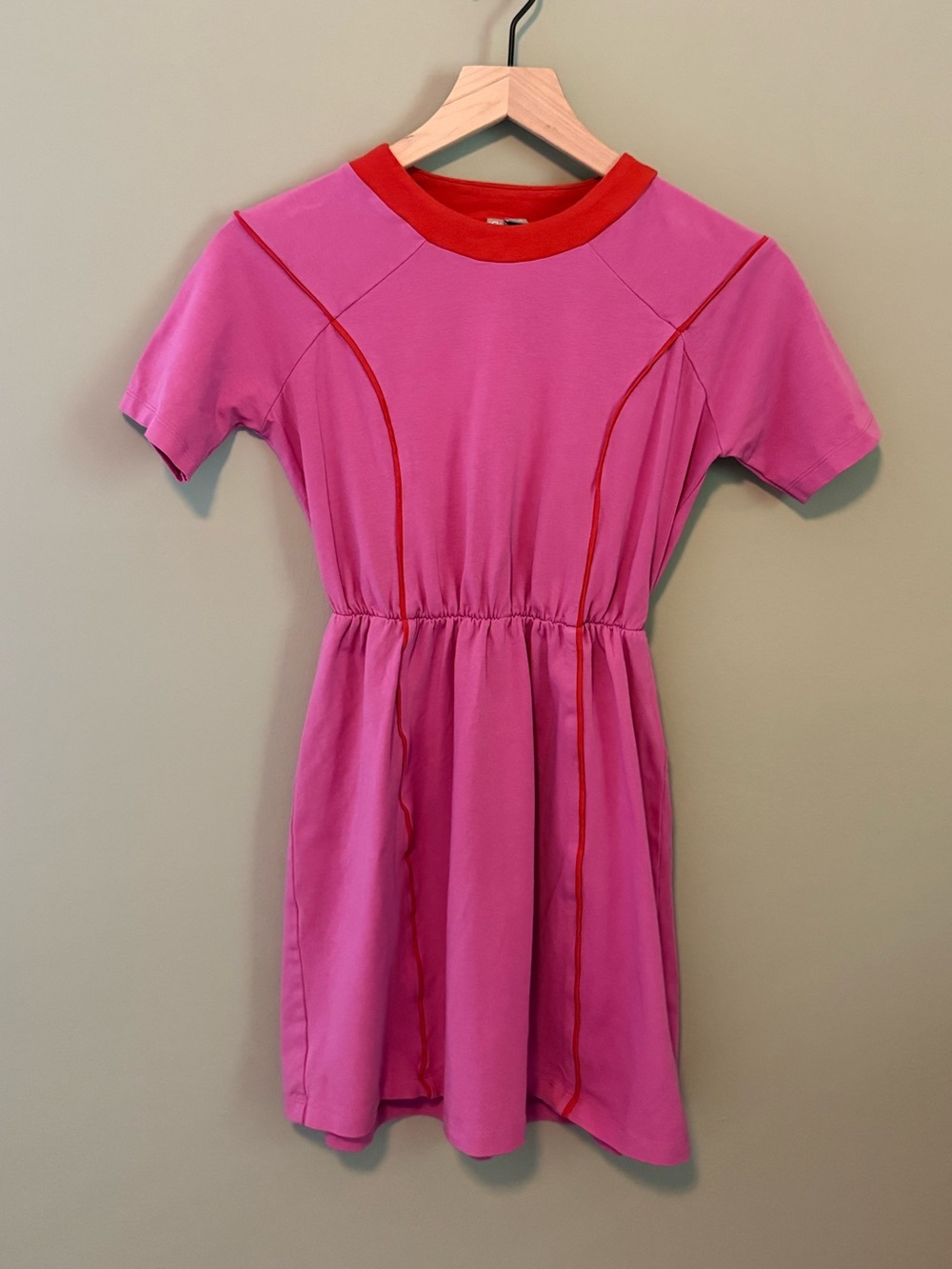 ASOS Bright Pink Short Sleeve Midi Dress with Red Trim | 00